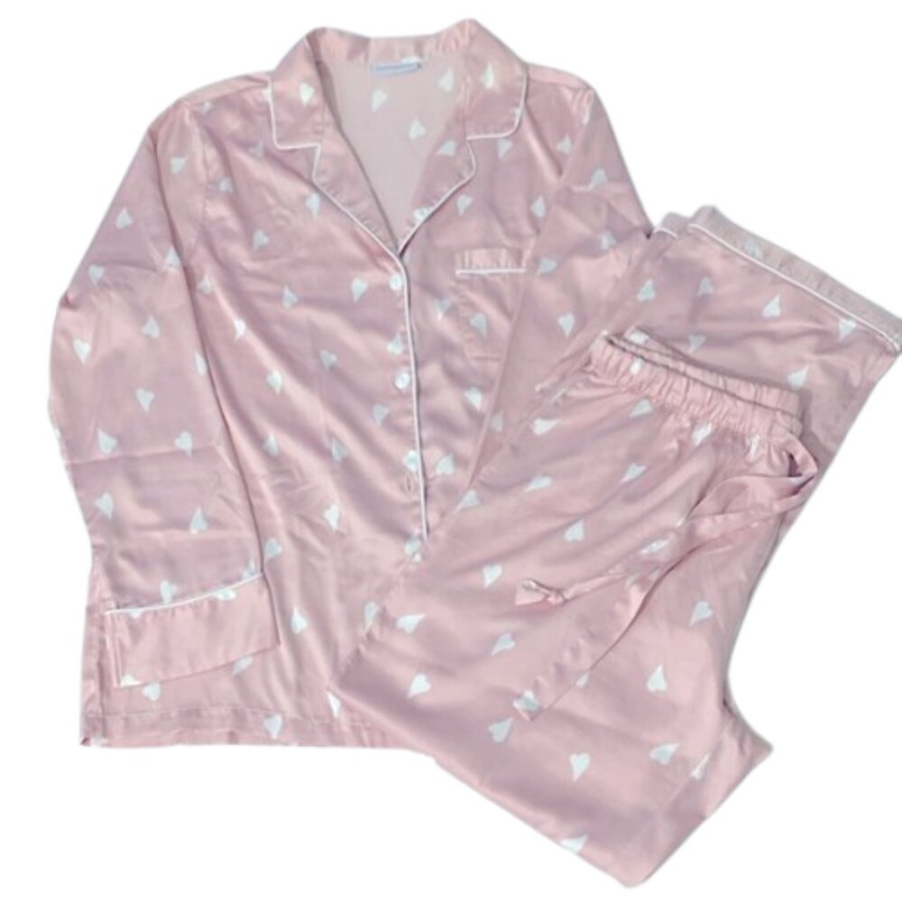 Women's Satin Pink Pajama Set Long Sleeve Button  Sleepwear. 2-Piece charming he